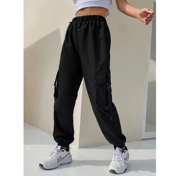 Black Cargo Pants Drawstring Pockets - Picture 4 of 8